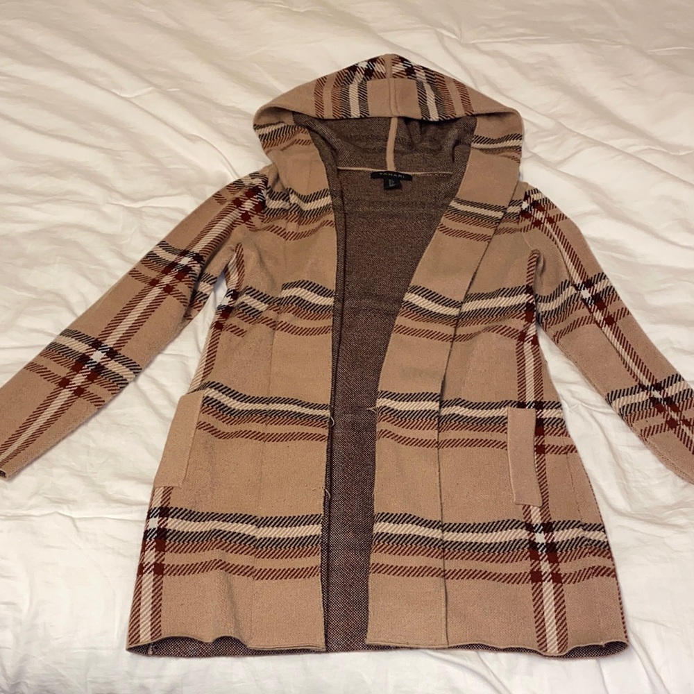 Tahari Plaid Hooded Cardigan in Tan and Brown